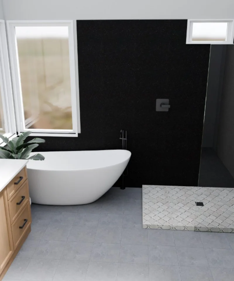 3D rendering of a freestanding tub against a black stone accent wall