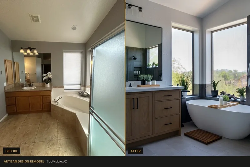 Before and after of a Scottsdale, AZ primary bathroom remodel
